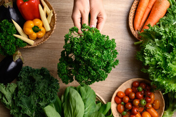 Fresh organic vegetables from local farmers market, Sustainability concept, Table top view