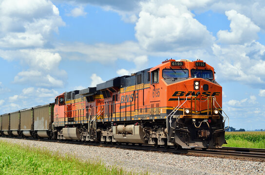 A Burlington Northern Santa Fe coal train heads toward Chicago while passing through rural Illinois.