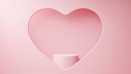 薄いピンク色の背景に台座。ハート型にくりぬいた背景。（横長）