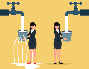 Contrast between business. Business woman and leaking bucket.