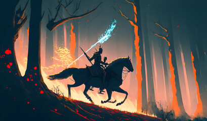 The knight with spear riding a horse through the fire forest, digital art style, illustration painting