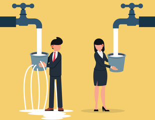 Contrast between financial. Business man and woman with leaking bucket. - obrazy, fototapety, plakaty