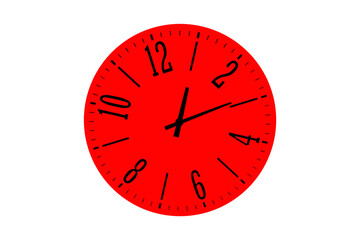 Clock with red round frame on white isolated background