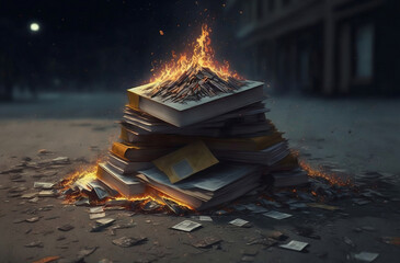 Burning stack of books  on the street to represents an element of censorship ,cultural, religious or political, generative ai - obrazy, fototapety, plakaty