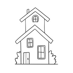 Hand drawn vector house. Cute rural building isolated on white. Doodle illustration for coloring page