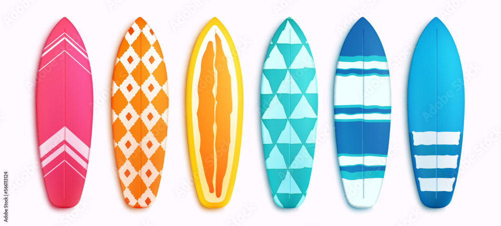 Wall mural surfing board vector set. surfboard summer elements in colorful pattern design isolated in white bac