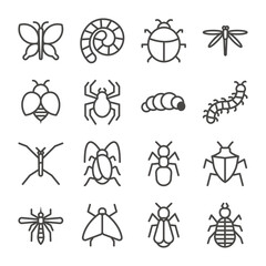 Set of Insect Outline Icon. Worm, Butterfly, Bee, Ant, Cockroach, Spider, Mosquito, and more. Editable Stroke. Isolated on White Background. Vector Eps10