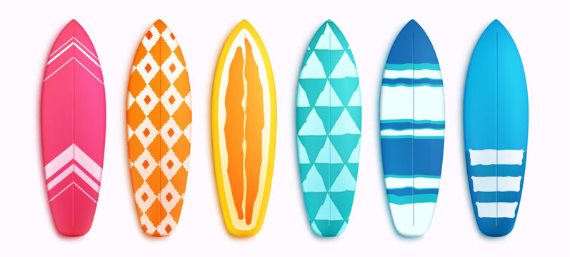 Surfing board vector set. Surfboard summer elements in colorful pattern design isolated in white background. Vector illustration summer surfing board elements collection.
