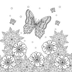 Romantic floral line art with flowers and butterflies. Coloring book page for adult with doodle and zentangle elements. Vector hand drawn isolated.