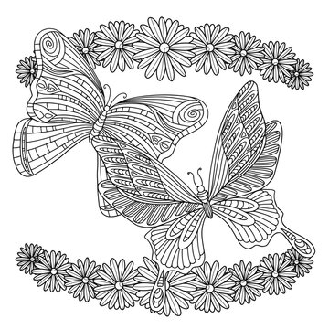 Two beautiful butterflies with spring flowers bouquet. Coloring book page for adult with doodle and zentangle elements. Vector hand drawn isolated.