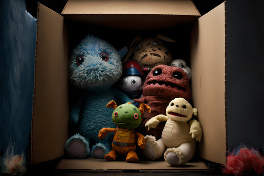 Scary halloween style toys in an abandoned box in the attic or the basement. Not appropriate for kids.
