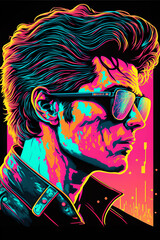 Synthwave style cyber man with cool gadgets 80s style pop art walking around cybercity at  night looking fresh, portrait, generative AI