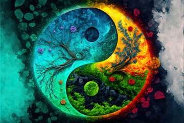 Nature's harmony in color: yin-yang plant life Generative AI