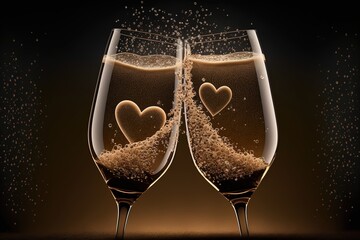 Two champagne glasses toasting each other with engraved hearts and sparkling love, Valentine's Day, love, partnership, romance created with generative ai technology