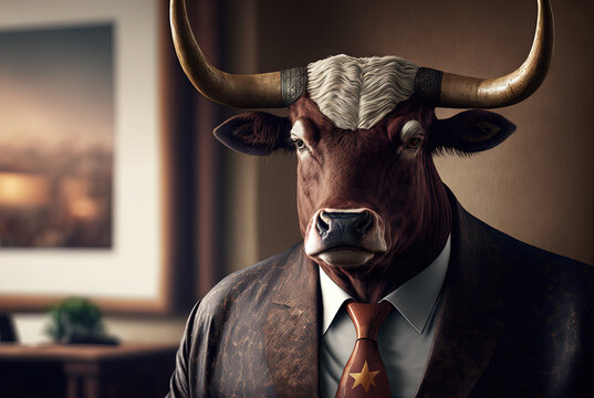 Portrait of a steer cow dressed in a formal business suit, generative ai