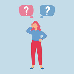 Fototapeta na wymiar Young woman doubts and questioning everything. Young girl in casual clothes surrounded by a question mark. Flat cartoon vector illustration.