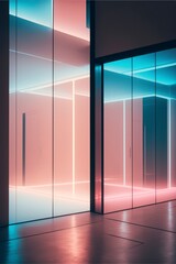 Glass panels suspended in the surrounding fog with glowing lights with Generative AI