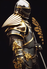 Medieval royal knight. Ancient steel warrior. Dragon Slayer. Golden Knight. Generative AI Art.