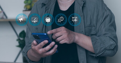 Man using phone for internet advertising, digital marketing and sales increase business technology concept, online marketing, e-business, e-commerce, online business