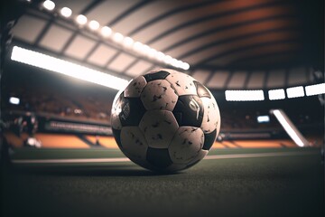 Cinematic soocer ball close up in stadium on gameday during live match, generative ai, Football background with bokeh background in stadium during match