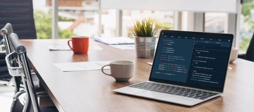 Software development programming on computer screen for modish application and program coding