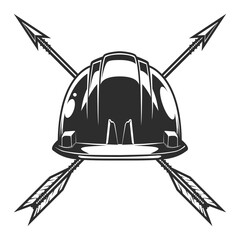 Construction hard hat and vintage hunting arrow in monochrome style isolated vector illustration. Design element for label or sign and emblem
