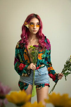 Flowers Model Flower Child Pink Hair Retro Vintage Fashion Editorial Floral Nature Hippie Hippies Chick Studio Modeling Fashion Photography Studio Grey Background Young Woman Women Teenager 1960s 60s 