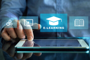 e-learning, online education concept with webinar or video tutorial - obrazy, fototapety, plakaty