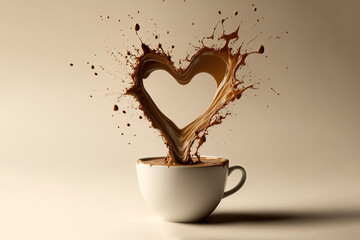 Coffee Love, The coffee splashes out of the coffee cup in the shape of a heart floating in the air, Generative AI
