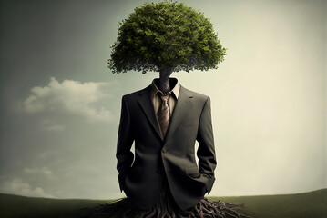 A Tree Wearing a Business Suit, Flat Grass And Planted Roots. - obrazy, fototapety, plakaty