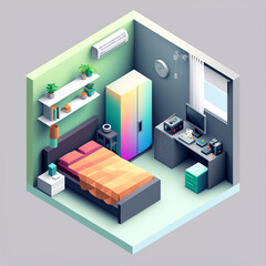 3d rendering Isometric bedroom, cutaway box, low poly style, interior room. Generative AI bedroom with bed and furniture.