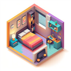 3d rendering Isometric bedroom, cutaway box, low poly style, interior room. Generative AI bedroom with bed and furniture.