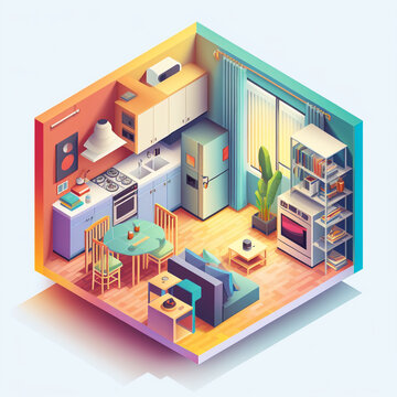 3d rendering Isometric kitchen, cutaway box, low poly style, interior room. Generative AI illustration with furniture.