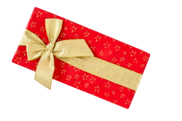 Gift wrapped box of chocolates, red paper with gold stars and wide gold ribbon, ready to celebrate
