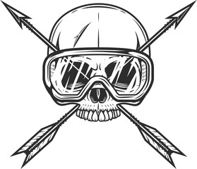 Skull without jaw with safety glasses and vintage hunting arrow in monochrome style isolated illustration. Design element for label or sign and emblem