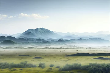 Fotobehang Vast grassland landscape with soft mountains with Generative AI © vuang