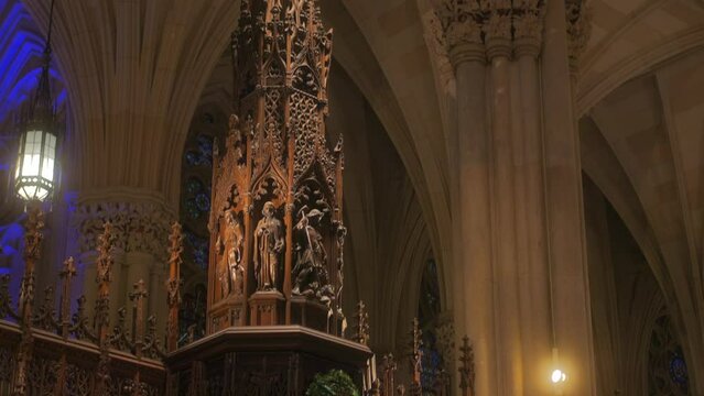 Interior Of St. Patrick's Cathedral With Carved Stoneworks In Midtown Manhattan, New York City. low angle, tilt-up