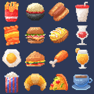 Bundle set of food items in pexel art style perfect for stickers and decorations
