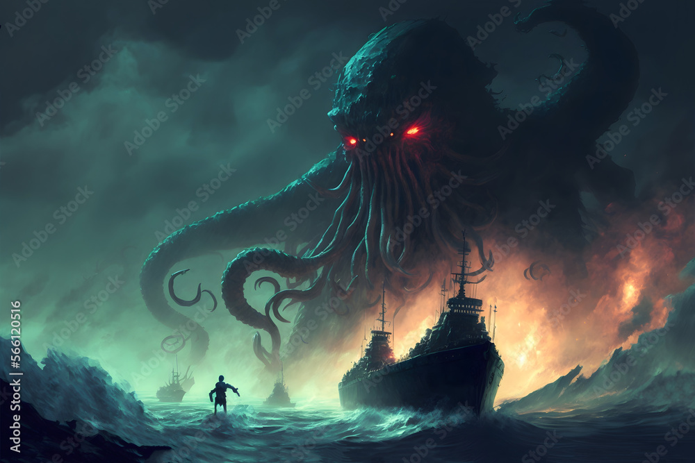 Wall mural dark fantasy scene showing cthulhu the giant sea monster destroying ships, digital art style, illust - Wall murals