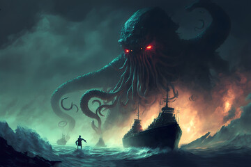 Dark fantasy scene showing Cthulhu the giant sea monster destroying ships, digital art style, illustration painting - obrazy, fototapety, plakaty
