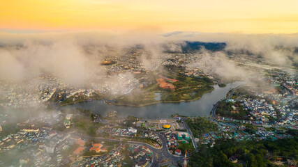Aerial view of Xuan Huong lake Da Lat city, Vietnam.
