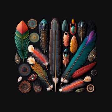 Knolling layout featuring a collection of colorful exotic bird feathers on black