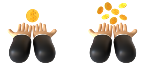 3D render of a hand gesture receiving a coin. Object on a transparent background