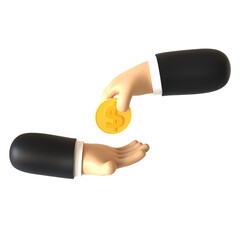 3D render hand gesture giving coin. Object on a transparent background