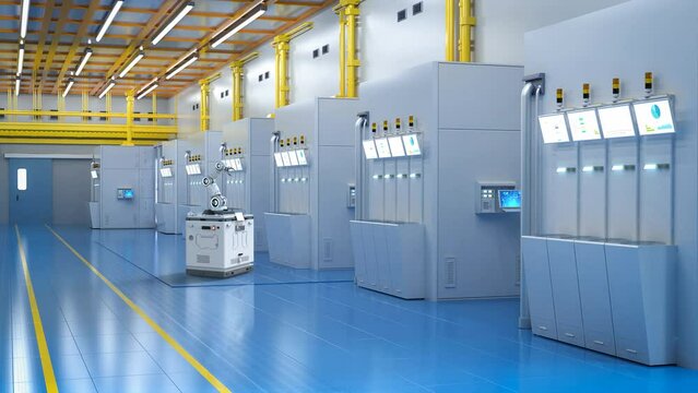 Automation semiconductor manufacturing with robotic arms in factory 4k footage