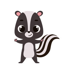 Cute little skunk on white background. Cartoon animal character for kids cards, baby shower, invitation, poster, t-shirt composition, house interior. Vector stock illustration