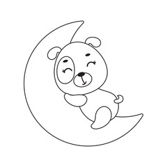 Coloring page cute little dog sleeping on moon. Coloring book for kids. Edudogional activity for preschool years kids and toddlers with cute animal. Vector stock illustration