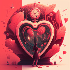 Generative Ai conceptual illustration for Valentine's day. Decorated romantic big heart shaped symbol with clock. Tender and desire mood atmosphere. Concept of partners bond, trust and wish.
