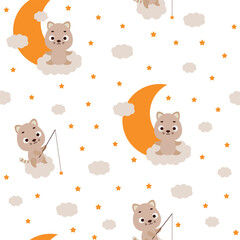 Cute little cat sitting on cloud and fishing star seamless childish pattern. Funny cartoon animal character for fabric, wrapping, textile, wallpaper, apparel. Vector illustration