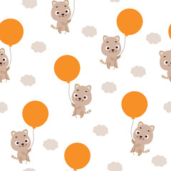Cute little cat flying on balloon seamless childish pattern. Funny cartoon animal character for fabric, wrapping, textile, wallpaper, apparel. Vector illustration